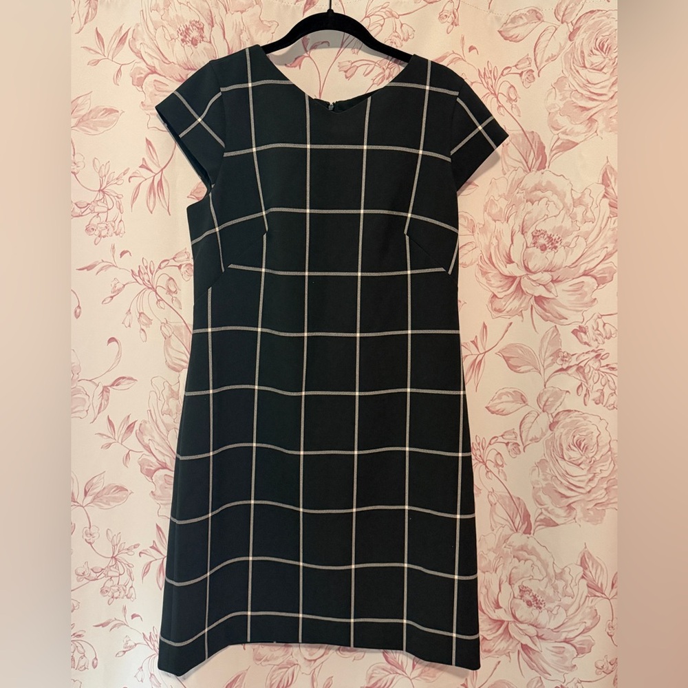 Ann Taylor Black Windowpane Midi Shift Dress